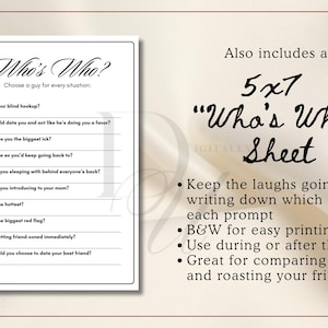 Puede incluir: Una hoja de juego "Who's Who" en blanco y negro con preguntas como "&iquest;Qui&eacute;n es tu rollo a ciegas?" y "&iquest;Qui&eacute;n es la mayor bandera roja?" Tambi&eacute;n incluye una hoja de 12,7 x 17,8 cm con instrucciones.