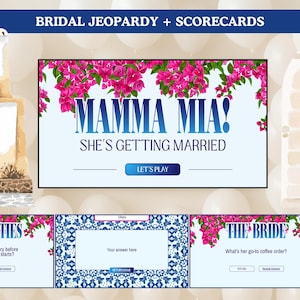May include: A digital bridal jeopardy game set featuring a Mediterranean-inspired theme with watercolor illustrations of white buildings, blue doors, and pink bougainvillea. The text reads Mamma Mia! She's Getting Married, The Besties, and The Bride.