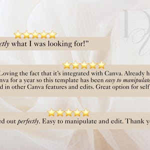 Puede incluir: Imagen que presenta testimonios de clientes con valoraciones por estrellas. El texto incluye frases como "&iexcl;Exactamente lo que estaba buscando!" y "Me encanta que est&eacute; integrado con Canva". El fondo tiene una paleta de colores suave y neutra.