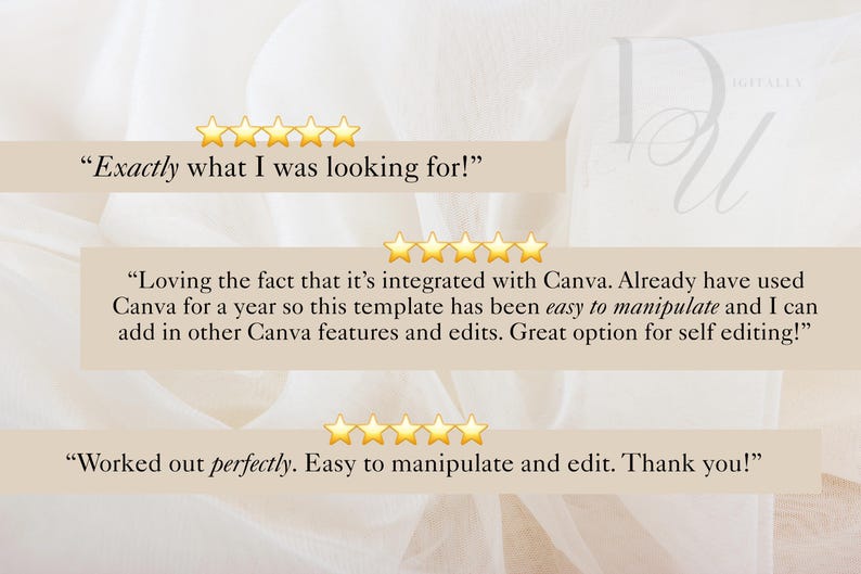 Puede incluir: Imagen que presenta testimonios de clientes con valoraciones por estrellas. El texto incluye frases como "&iexcl;Exactamente lo que estaba buscando!" y "Me encanta que est&eacute; integrado con Canva". El fondo tiene una paleta de colores suave y neutra.