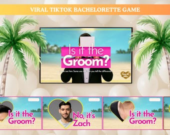 May include: A party game for a bachelorette party. The game features a screen with the text "Is it the Groom?" and several smaller images with the same question and different answers. Palm trees and balloons decorate the background.