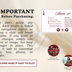 Puede incluir: Una plantilla de juego de citas digital con un dise&ntilde;o de carta de juego. La tarjeta presenta un perfil con el nombre "Steven, 27", e incluye una foto, altura, profesi&oacute;n y otros detalles. Tambi&eacute;n se incluyen instrucciones y enlaces de navegaci&oacute;n.