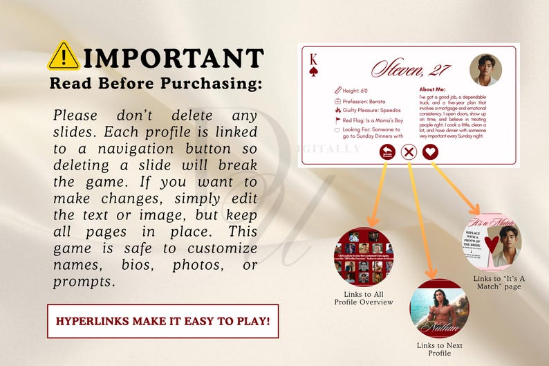 Puede incluir: Una plantilla de juego de citas digital con un dise&ntilde;o de carta de juego. La tarjeta presenta un perfil con el nombre "Steven, 27", e incluye una foto, altura, profesi&oacute;n y otros detalles. Tambi&eacute;n se incluyen instrucciones y enlaces de navegaci&oacute;n.