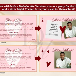 Puede incluir: Un juego de cartas rosa con instrucciones para una despedida de soltera y una versi&oacute;n de noche de chicas. El juego incluye una foto de un hombre y el texto "It's a Match!" con instrucciones para reemplazarlo con una foto de la novia.