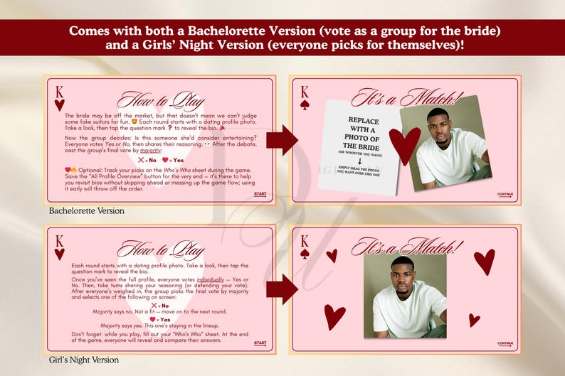 Puede incluir: Un juego de cartas rosa con instrucciones para una despedida de soltera y una versi&oacute;n de noche de chicas. El juego incluye una foto de un hombre y el texto "It's a Match!" con instrucciones para reemplazarlo con una foto de la novia.