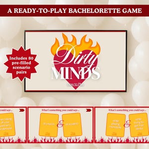 Może przedstawiać: Gra na wieczór panieński o nazwie "Dirty Minds" z logo w kształcie serca i płomieniami. Obraz przedstawia karty z podpowiedziami i tło z białych balonów. Gra zawiera 80 par scenariuszy.
