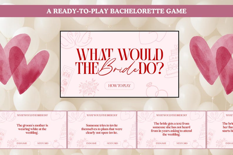 以下が含まれることがあります： 「WHAT WOULD THE Bride DO?」の赤いスクリプトで書かれた、すぐに遊べる独身女性向けゲーム。白い風船とピンクのハートを背景に、プロンプトとイラストが描かれたカードが含まれています。
