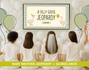 Könnte beinhalten: Auf einem Fernsehbildschirm wird das Spiel "A Silly Goose Jeopardy" gezeigt, mit Cartoon-Gänsen und einem grün-weiß karierten Muster. Der Raum ist mit grünen und weißen Luftballons dekoriert. Das Bild deutet auf eine Babyparty oder eine ähnliche Feier hin.