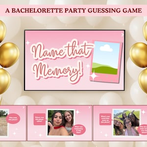 Peut inclure: Jeu de devinettes pour un enterrement de vie de jeune fille rose et blanc avec le texte "Name that Memory!" et des ballons dorés. Le jeu comprend des photos et des invites.