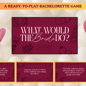 Pode incluir: Um jogo de despedida de solteira pronto para jogar com o texto "WHAT WOULD THE Bride DO?" em um fundo bordô. A imagem inclui ilustrações de uma bola de discoteca, bolo, anéis e corações. O jogo inclui prompts.