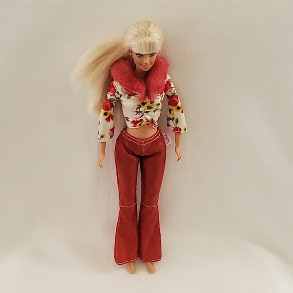 Vintage 1990s Barbie "Jeans" and Roses Top, Faux Fur Collar, Red Barbie Pants Outfit, Barbie Tagged Top n Pants, Doll Pants Set,   NO DOLL