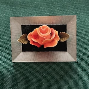 Vintage Rose Pin, Brooch, Rose in Frame Pin, Orange Peach Rose Brooch, 3D Rose Pin Brooch, Rose and Black Rectangular Pin, 1960s Retro Pin