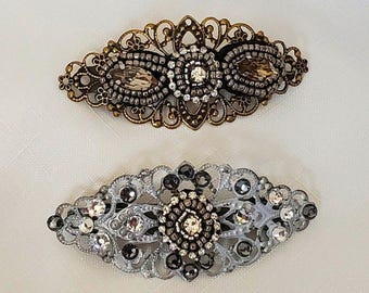 Silver or Gold Rhinestone/Crystal Barrettes,  Rhinestone Barrette,  Vintage-Look Barrette, 3" Gold-Bronze or Silver Filigree Hair Clip