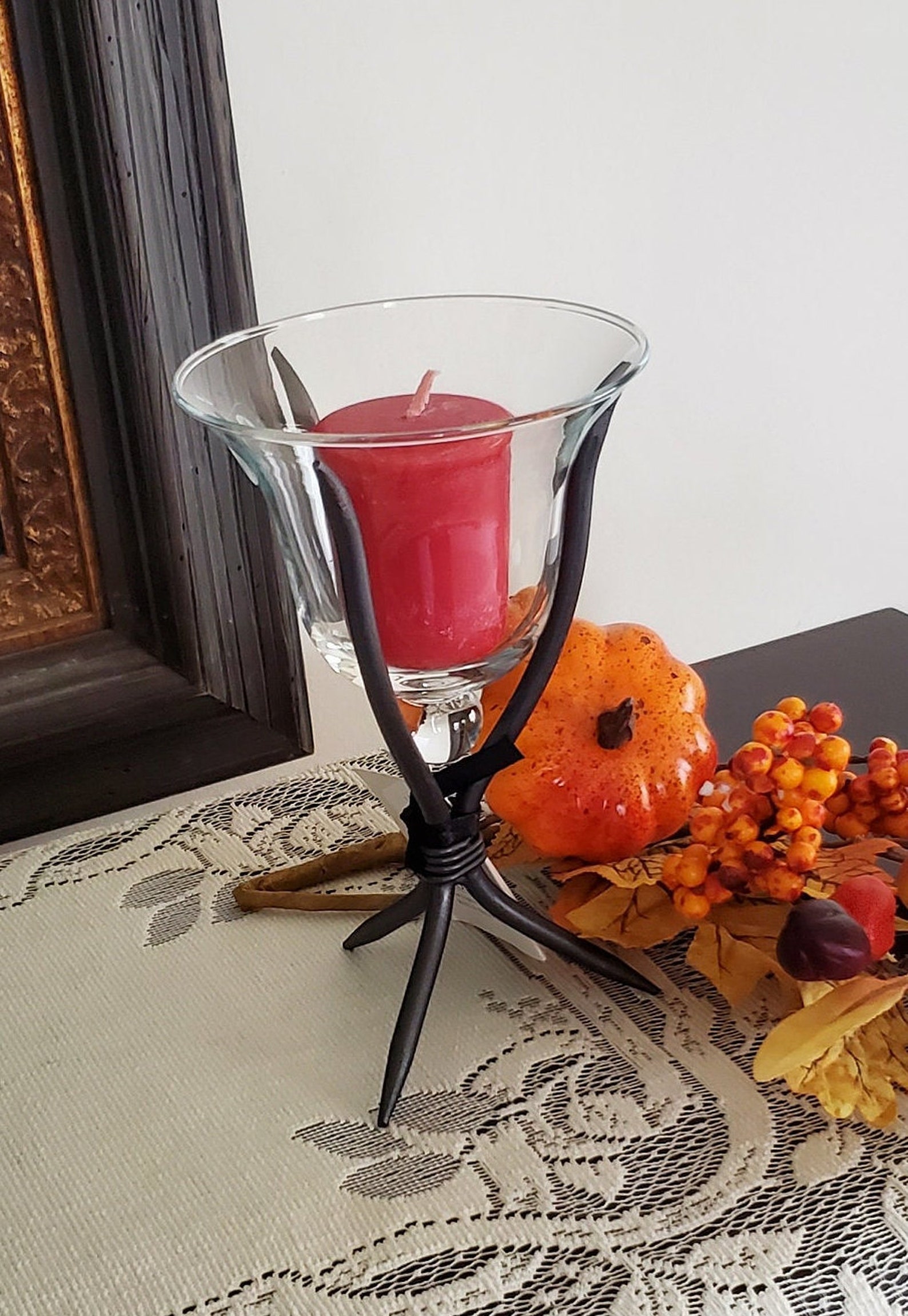 Wrought Iron and Hurricane Glass Candle Holder Vintage Votive Etsy