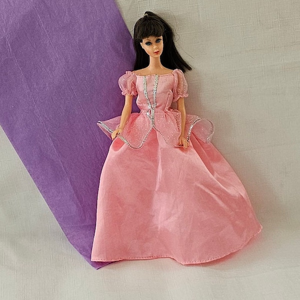 Vintage Barbie Ball Gown, 1990s Pink and Silver Tulle Evening Gown for Barbie, Barbie Doll Evening Gown, Barbie Party Prom Dress NO DOLL