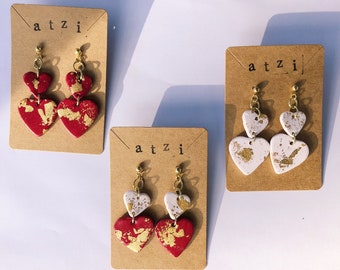 Heart shaped clay earrings, clay heart dangle earrings, valentine’s clay earrings, stacked heart cherry red earrings, red heart clay earring