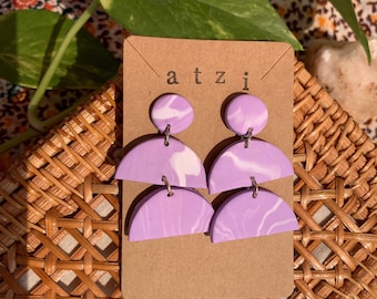 stacked lavender clay earrings, lavender dangle clay earrings, lavender and white clay earrings, stacked lavender swirl clay earrings