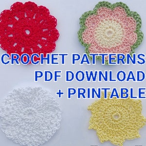 4 Crochet Patterns Spool Pin Doilies: Rose, Flower, Lace, Sun, PDF download plus Printable; 4 unique Crochet Cotton Thread Doily Patterns