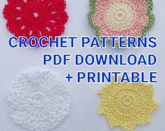 4 Crochet Patterns Spool Pin Doilies: Rose, Flower, Lace, Sun, PDF download plus Printable; 4 unique Crochet Cotton Thread Doily Patterns