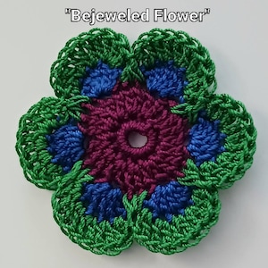 Bejeweled Flower Spool Pin Doily Made to Order, Cotton 2 inches; for Singer Featherweight, vintage Sewing Machine, peacock green berry blue