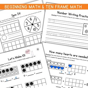Könnte beinhalten: Ein druckbares Arbeitsblatt für Kinder, um mathematische Fähigkeiten zu üben. Das Arbeitsblatt enthält ein Glücksradspiel, eine Zehn-Rahmen-Aktivität und einen Abschnitt zum Üben des Zahlenschreibens. Das Arbeitsblatt zeigt Schwarzweißillustrationen von Smiley-Gesichtern, Herzen und Cupcakes.