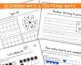 Ten Frames Kindergarten Math Worksheet Set (50 pages) for Beginning Addition, Subtraction, & Number Correspondence