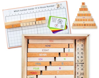 Montessori Number Bonds Math Game: Wooden Number Rods, Addition Subtraction Flashcards and Strip Board