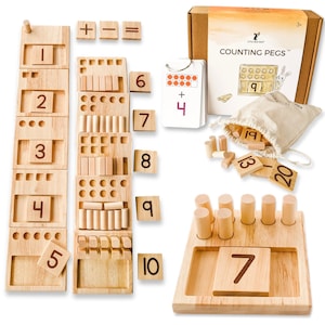 Counting Pegs Ten Frame Kindergarten Math Toy Set with Addition and Subtraction Flashcards, a Montessori Math Manipulative for Toddlers & Up