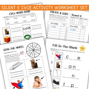 Peut inclure: Ensemble de feuilles d'exercices éducatives pour enfants, axées sur les mots avec 'e' muet et les sons de voyelles. Les feuilles comprennent des banques de mots, des exercices à compléter et un jeu de la roue. Idéal pour améliorer les compétences en lecture.