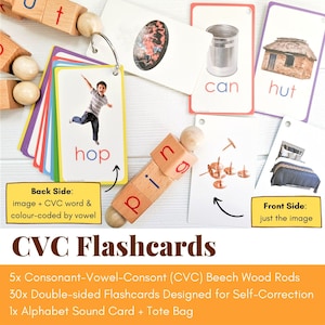CVC Flashcards to accompany Little Bud Kids Spin-and-Read Blocks. Comes with a ring for ease of playing and storage. These 3-letter word phonics cards bring our phonetic reading blocks to life!
