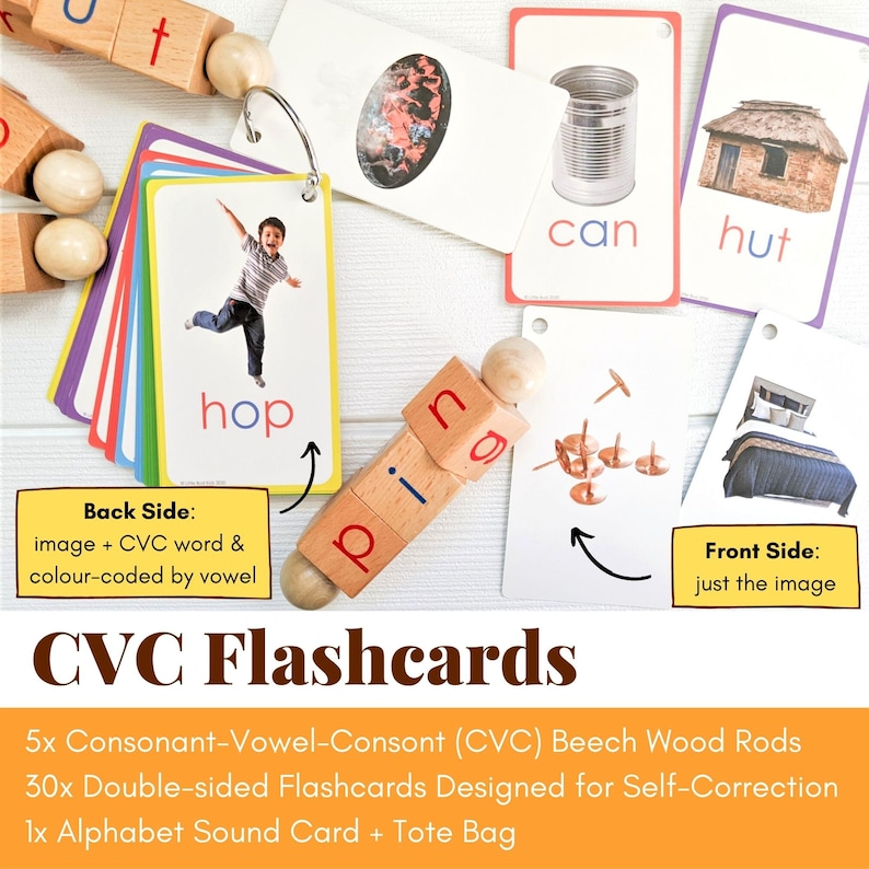 CVC Flashcards to accompany Little Bud Kids Spin-and-Read Blocks. Comes with a ring for ease of playing and storage. These 3-letter word phonics cards bring our phonetic reading blocks to life!