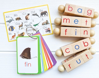 Spin-and-Read Montessori Phonetic Reading Blocks and CVC Words Phonics Flashcard Travel Toy Set for Beginner Readers & Kindergarten Reading