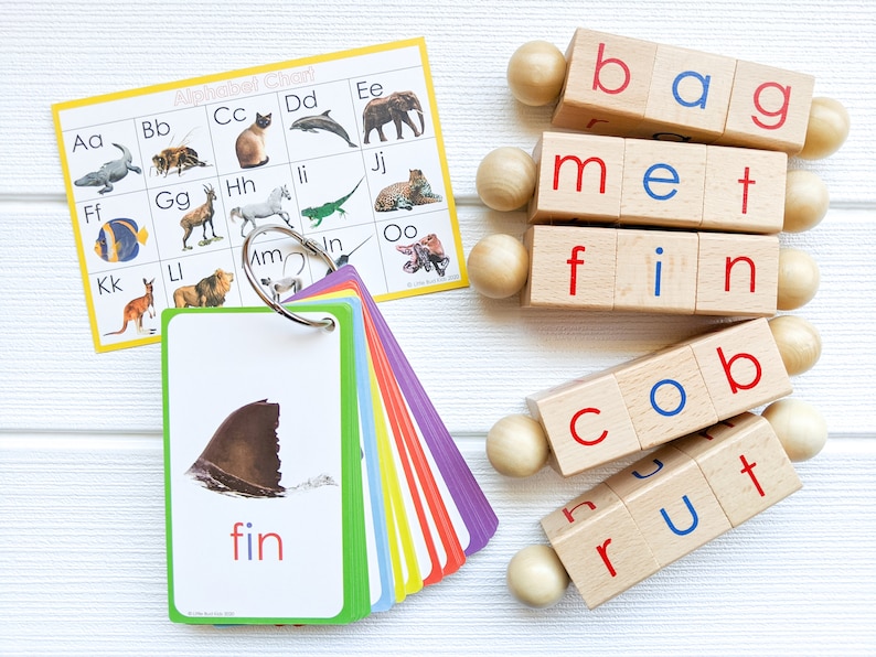 Little Bud Kids Spin-and-Read Montessori phonetic reading blocks with matching CVC flashcards for phonics learning for beginner readers