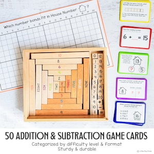 Addition & subtraction flashcards in Little Bud Kids Number Bonds Math Game for Mastering Number Fact Families; House of Number Buddies; a Singapore Math & Montessori-inspired wooden number rods game with addition strip board