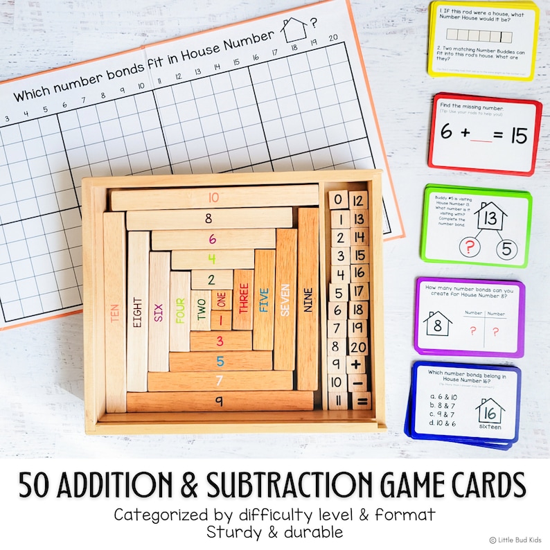 Addition & subtraction flashcards in Little Bud Kids Number Bonds Math Game for Mastering Number Fact Families; House of Number Buddies; a Singapore Math & Montessori-inspired wooden number rods game with addition strip board