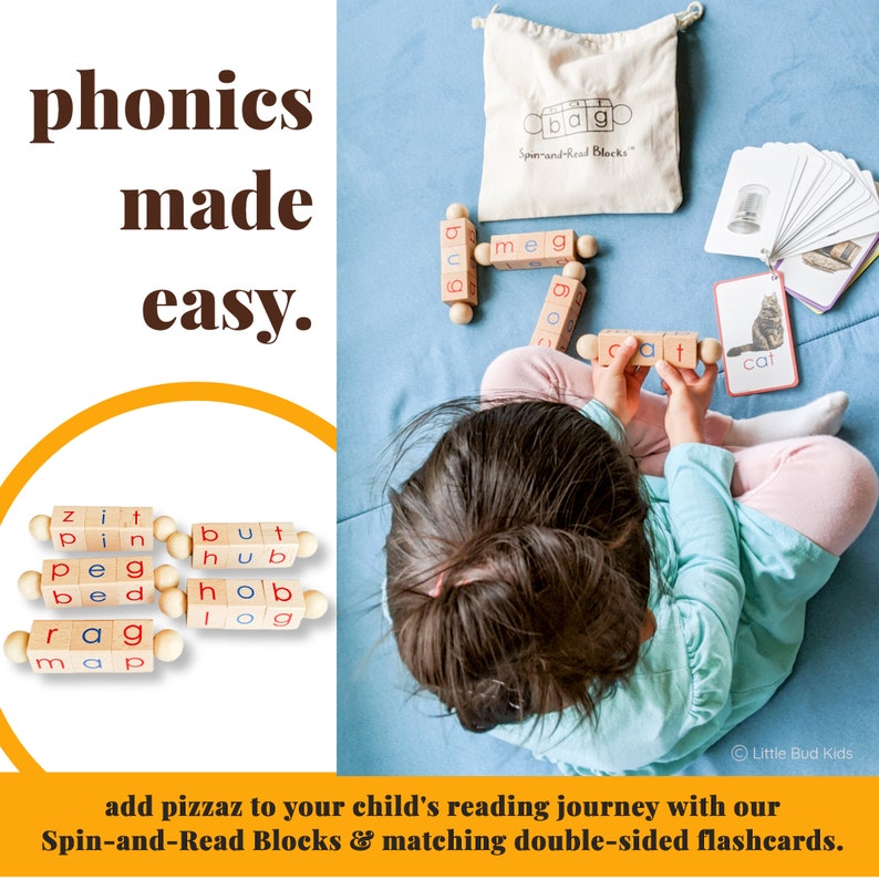 Phonics CVC Decodable Word Flashcards paired with Little Bud Kids Wooden Phonetic Blocks. Designed for beginner readers. Comes with a travel-friendly tote bag, making this Montessori toy for toddlers a great on-the-go toy.