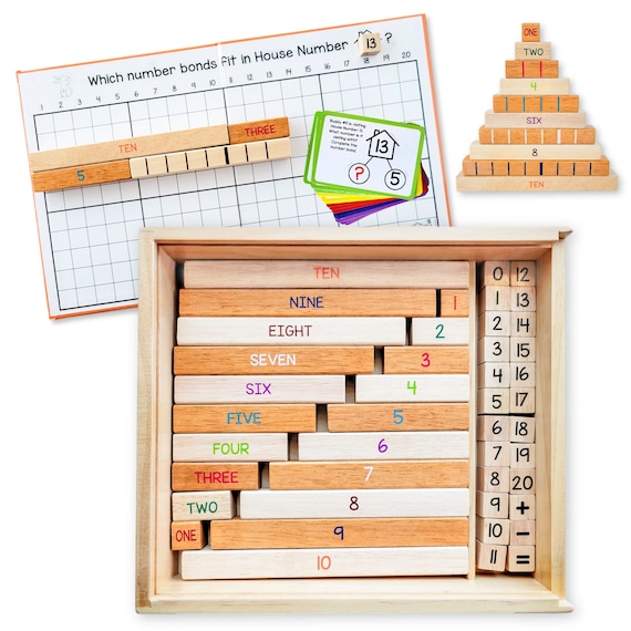 Montessori Number Bonds Math Game: Wooden Number Rods, Addition Subtraction Flashcards and Strip Board