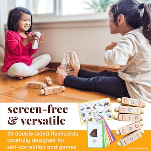 CVC Flashcards to accompany Little Bud Kids Spin-and-Read Blocks. Comes with a ring for ease of playing and storage. These 3-letter word phonics cards bring our phonetic reading blocks to life! Our reading blocks are designed for self-correction!