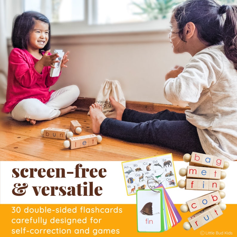 CVC Flashcards to accompany Little Bud Kids Spin-and-Read Blocks. Comes with a ring for ease of playing and storage. These 3-letter word phonics cards bring our phonetic reading blocks to life! Our reading blocks are designed for self-correction!