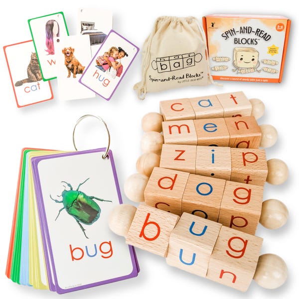 Montessori Reading Blocks: CVC Words Short Vowel Phonics Toy with Flashcards