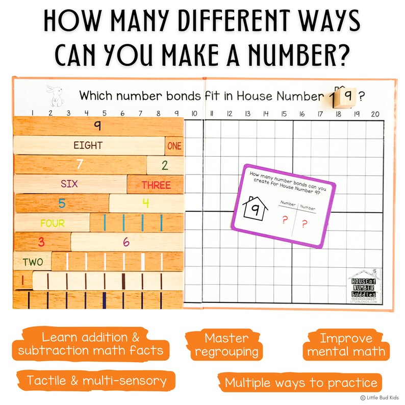 Little Bud Kids Number Bonds Math Game for Mastering Addition & Subtraction; House of Number Buddies, a Singapore Math-inspired wooden number rods game with addition strip board