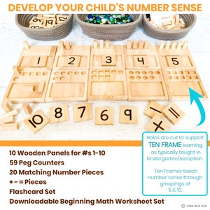 Ten Frame Counting Number Peg Board for Beginner Kindergarten Math. Little Bud Kids Counting Pegs Math Toy comes with 10 ten-frame number panels, odd & even designated pegs, 1-20 number tile counters, and a set of ten frame equation flashcards.