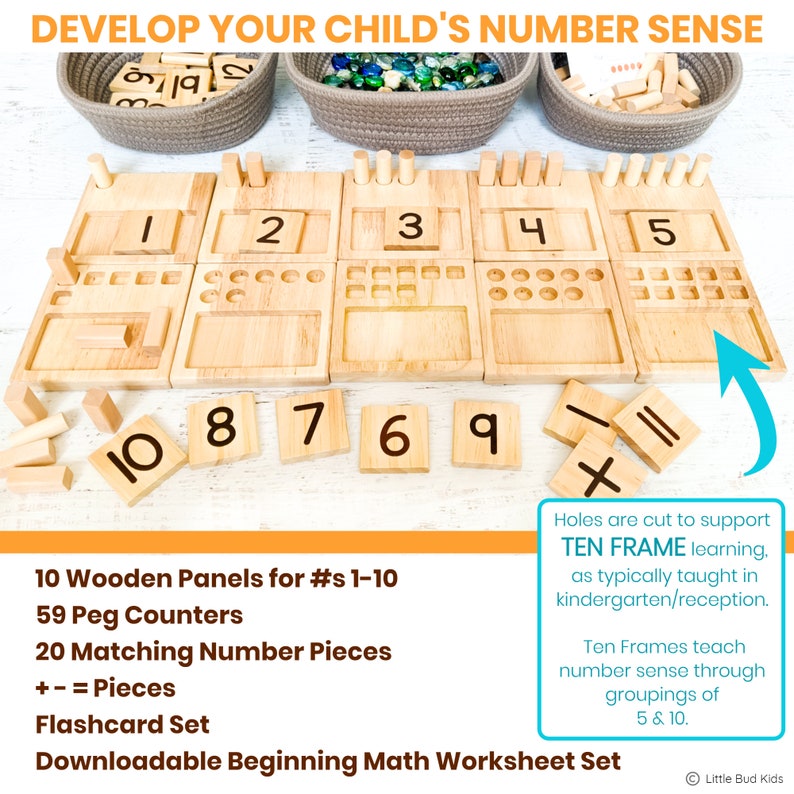 Ten Frame Counting Number Peg Board for Beginner Kindergarten Math. Little Bud Kids Counting Pegs Math Toy comes with 10 ten-frame number panels, odd & even designated pegs, 1-20 number tile counters, and a set of ten frame equation flashcards.