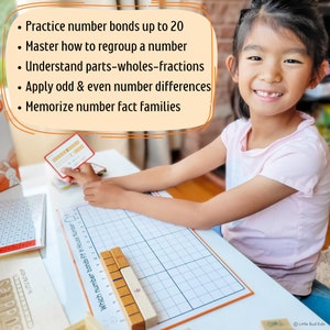 Girl playing with Little Bud Kids Number Bonds Math Game for Mastering Addition & Subtraction; House of Number Buddies; a Singapore Math & Montessori-inspired wooden number rods game with addition strip board and addition & subtraction flashcards