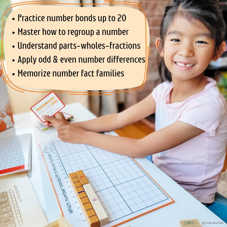 Girl playing with Little Bud Kids Number Bonds Math Game for Mastering Addition & Subtraction; House of Number Buddies; a Singapore Math & Montessori-inspired wooden number rods game with addition strip board and addition & subtraction flashcards