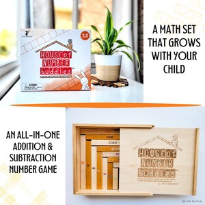 Gift Box of Little Bud Kids Number Bonds Math Game for Mastering Addition & Subtraction; House of Number Buddies; a Singapore Math & Montessori-inspired wooden number rods game with addition strip board and addition & subtraction flashcards
