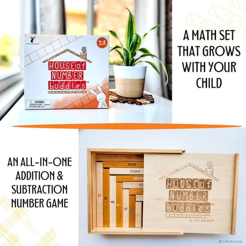 Gift Box of Little Bud Kids Number Bonds Math Game for Mastering Addition & Subtraction; House of Number Buddies; a Singapore Math & Montessori-inspired wooden number rods game with addition strip board and addition & subtraction flashcards