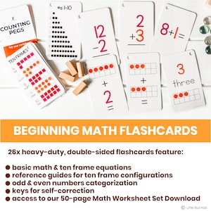 Little Bud Kids Counting Pegs Ten Frame Equation Flashcards. Comes with a ring for easy use & storage. Our flashcards are a heavy duty 350gsm. The flashcard set comes with an odd & even guide along with a ten frame reference card.
