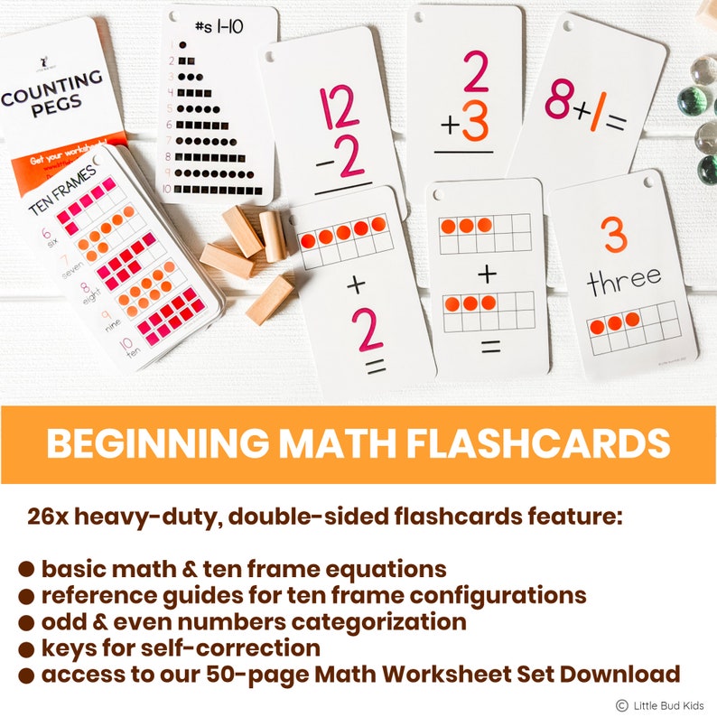 Little Bud Kids Counting Pegs Ten Frame Equation Flashcards. Comes with a ring for easy use & storage. Our flashcards are a heavy duty 350gsm. The flashcard set comes with an odd & even guide along with a ten frame reference card.