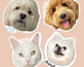 May include: Four pet portraits with names written below each image. The portraits are of a white dog with brown eyes, a brown and white dog with brown eyes, a white cat with blue and green eyes, and a white dog with brown eyes.